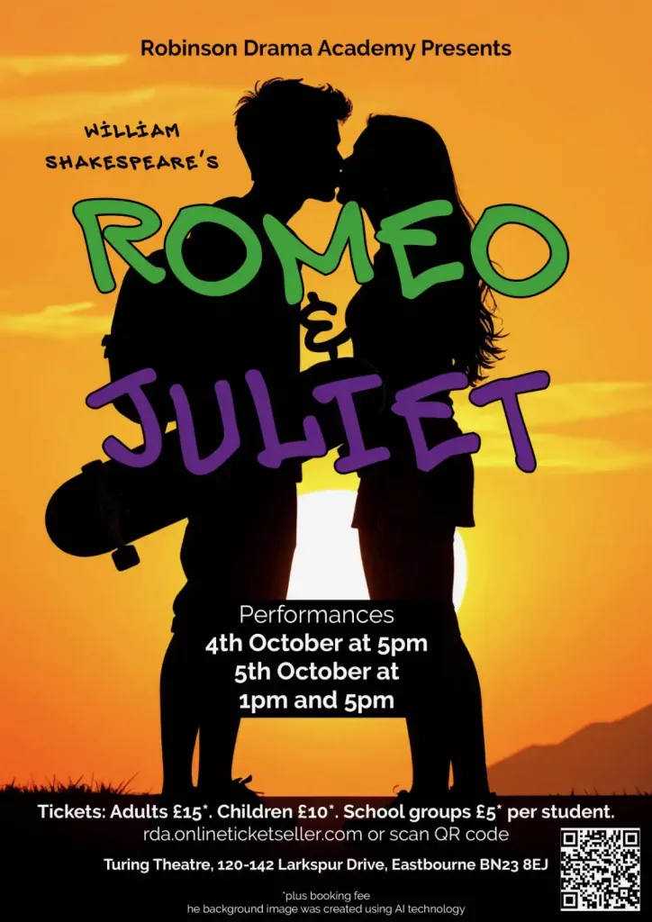Robinson Academy of Drama, poster advertising the show Romeo and Juliet, at Turing Theatre, 4th and 5th October, 2025