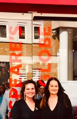 ESU 7 Our teachers, Lisa and Becky, standing outside Shakespeares Globe Theatre in London