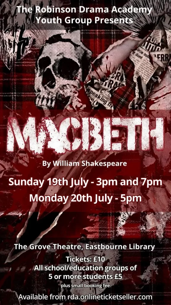 Black and red poster Poster for Macbeth to be performed by Robinson Academy of Drama 